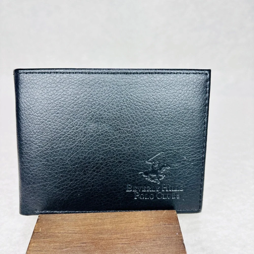 Beverly Hills Polo Club Mens Bifold Wallet Black Pebbled Faux Leather ID Window
